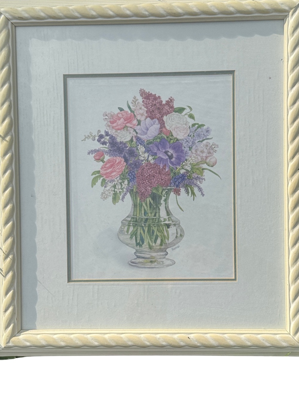 Vintage 90’s Floral Still Life Framed Art - Cream Frame, Pastel Bouquet 18”x17”